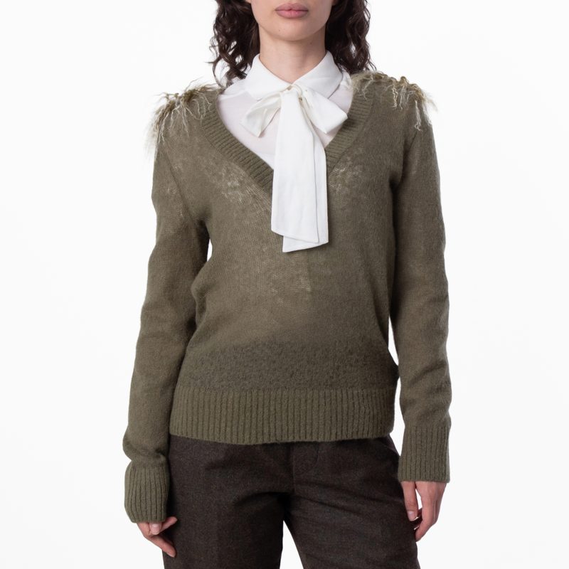 Wool Blend V-Neck Sweater With Shearling Detail_Acre