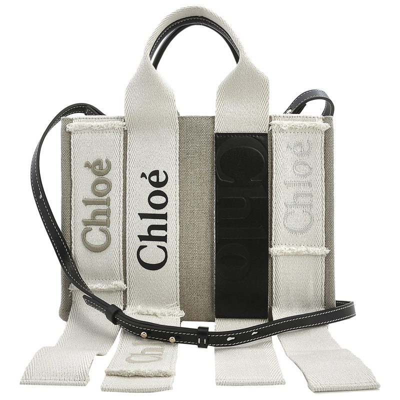 Chloe Sand Linen Woody Small Logo Tote