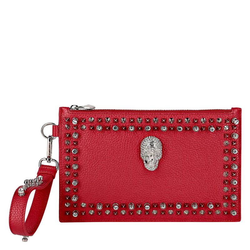 Philipp Plein Faux-Leather Crystal Stud Clutch Bag_Red