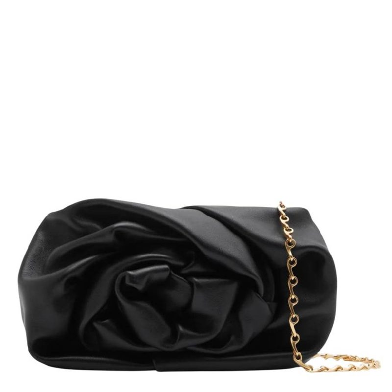 Faux-Rose Detailing Clutch Bag_Black