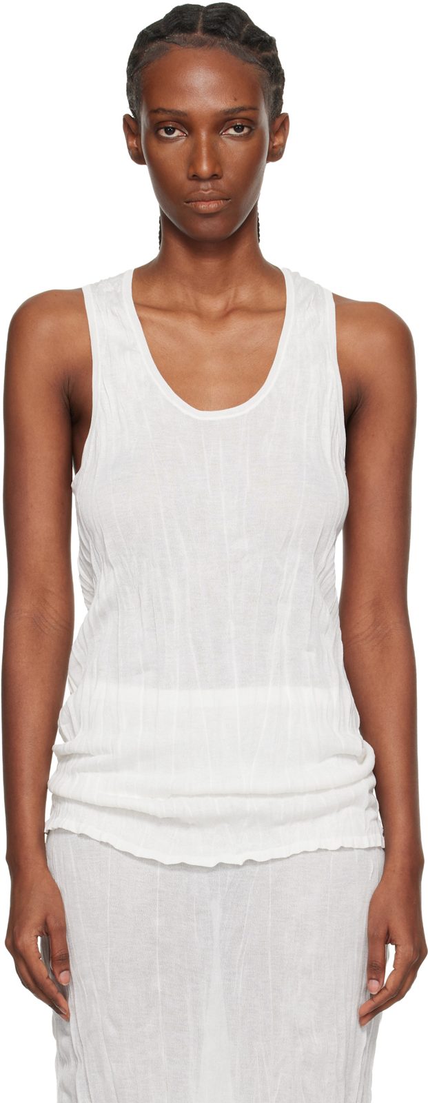 TOTEME White Crinkled Knit Tank Top 261771F111008