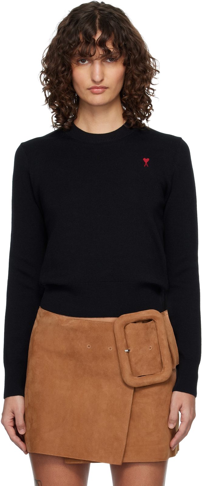 Black Wool Ami De Coeur Crewneck Sweater 261482F096010