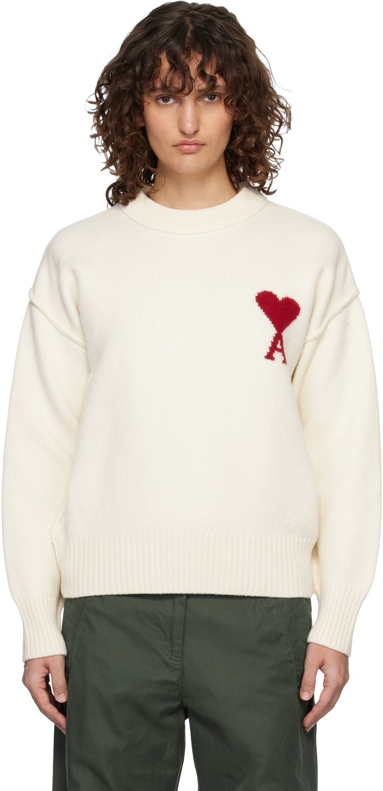오프화이트 Wool Crewneck Ami de Coeur Sweater 261482F096005