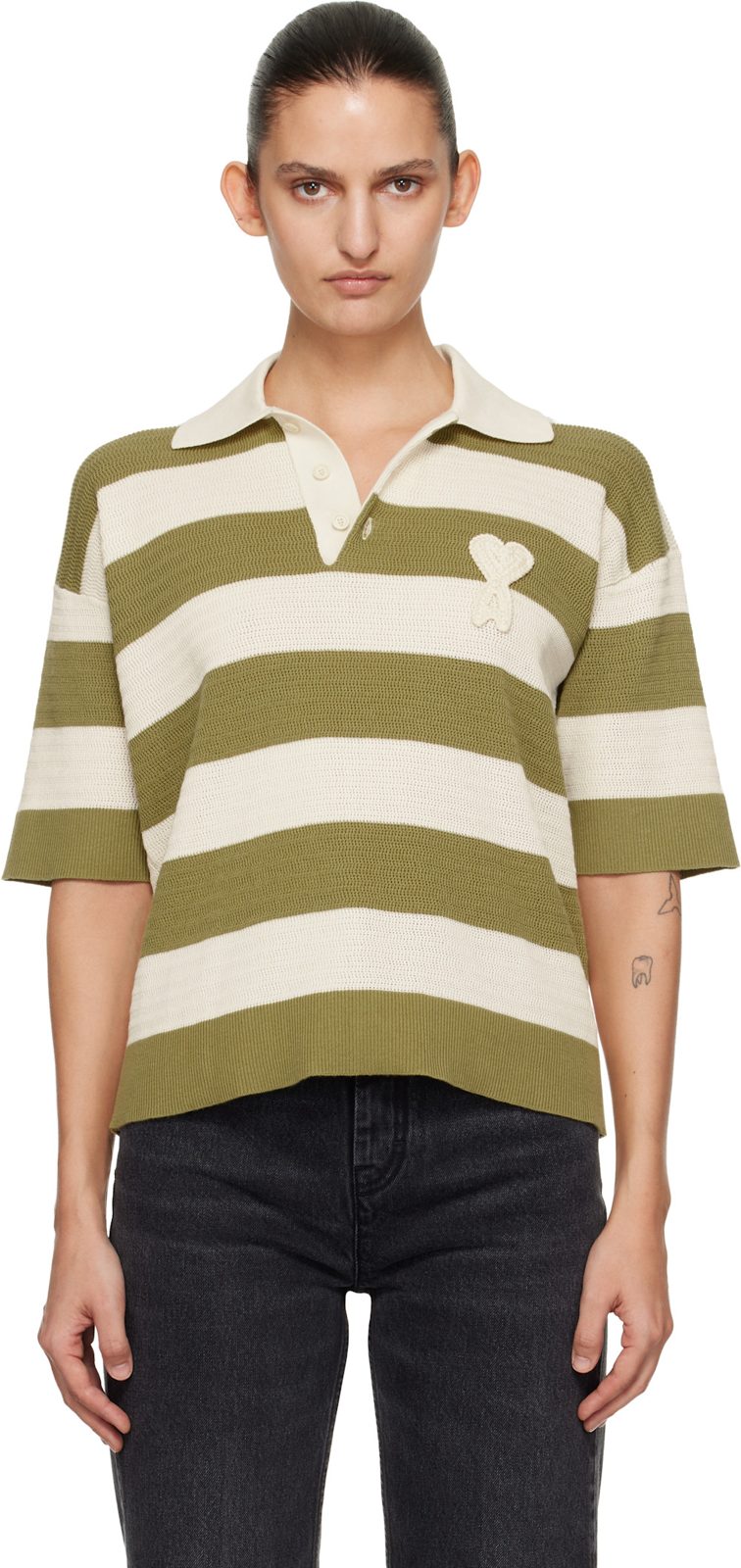 오프화이트 & Green Short Sleeves Ami de Coeur Polo 261482F108006