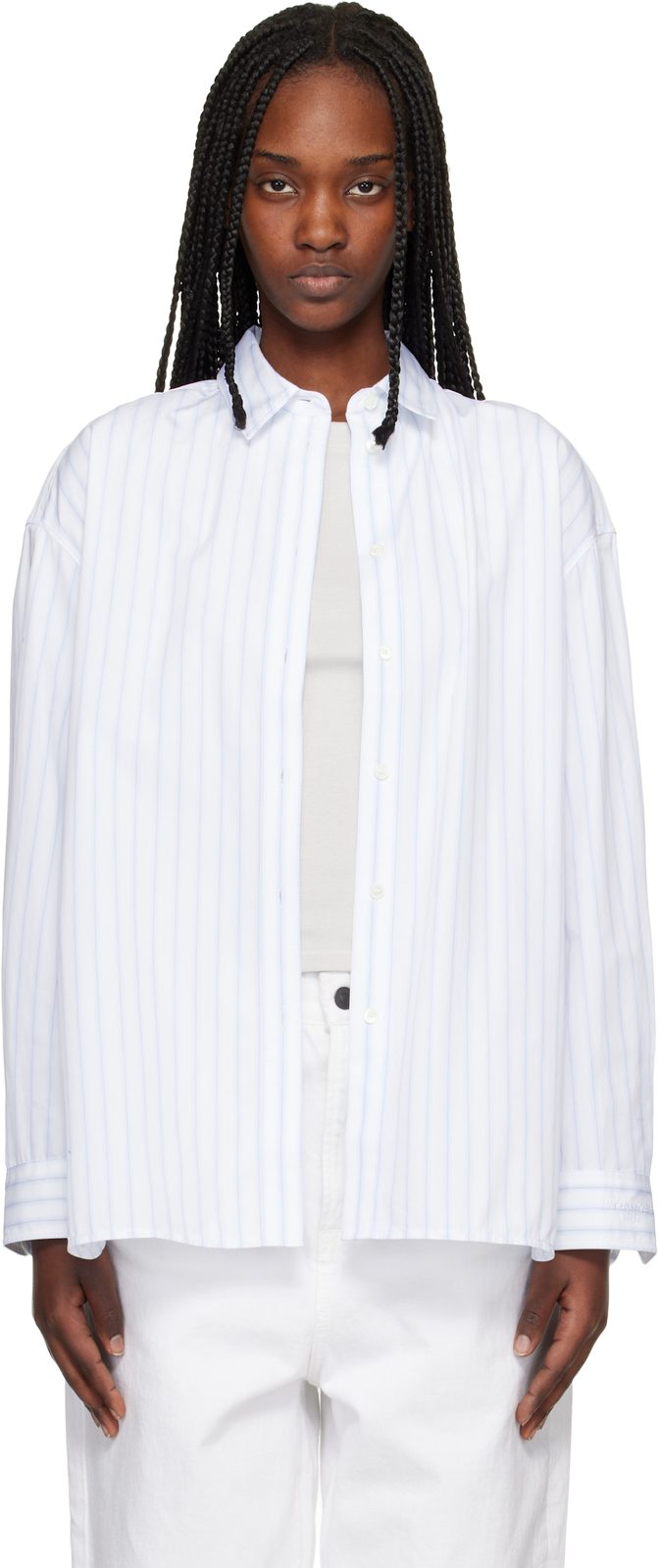 Maison Kitsune White & Blue Striped Boyfriend Shirt 261389F109005