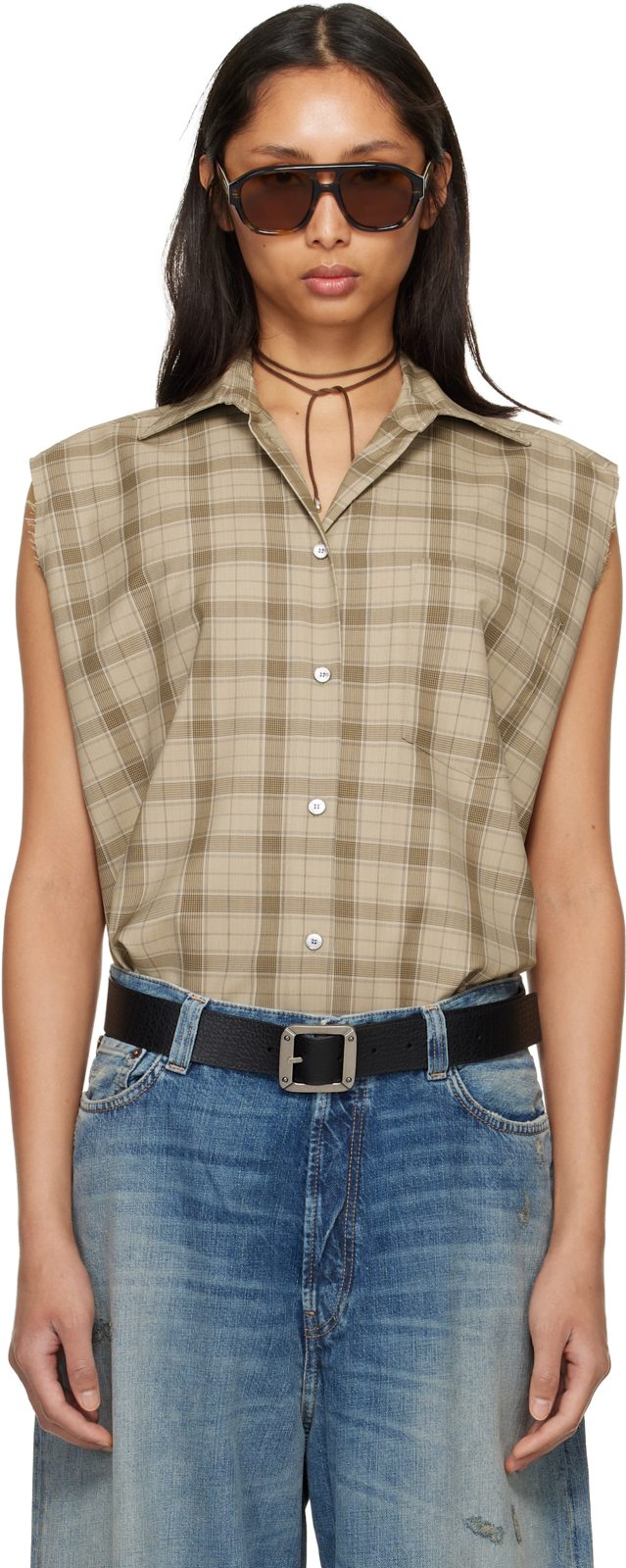 Beige Check Button-Up Vest 261129F109014