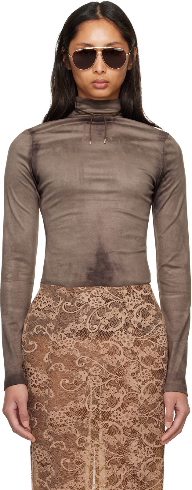 Gray Printed Faux-Suede Top 261129F109012