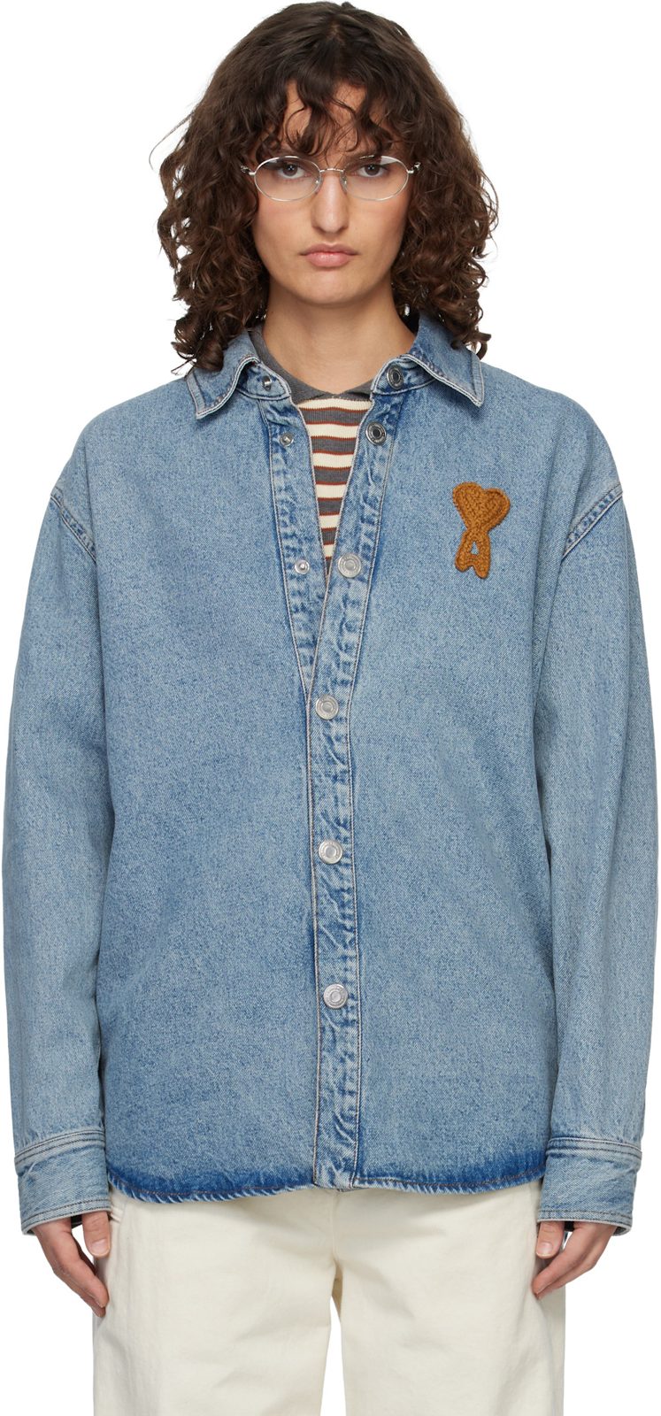 Blue Cotton Knitted Ami de Coeur Denim Overshirt 261482F060002