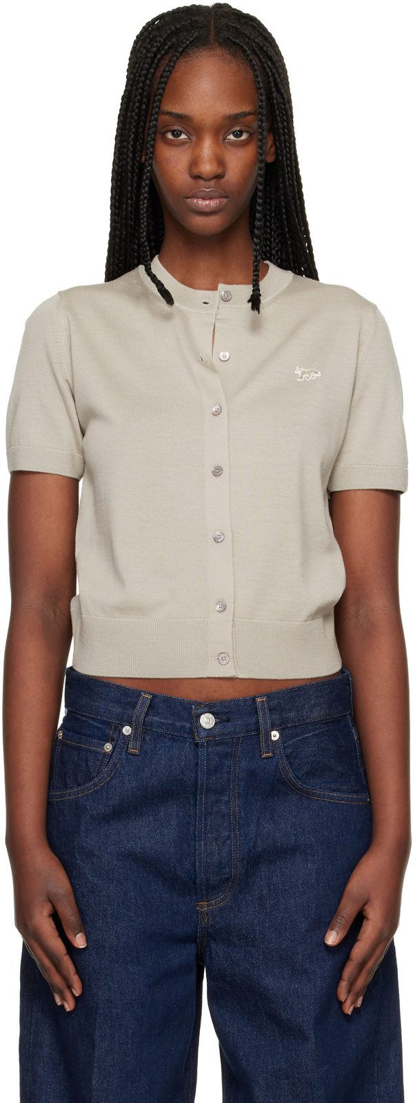 Maison Kitsune Taupe Baby Fox Fine Merino Short Sleeve Cardigan 261389F095002
