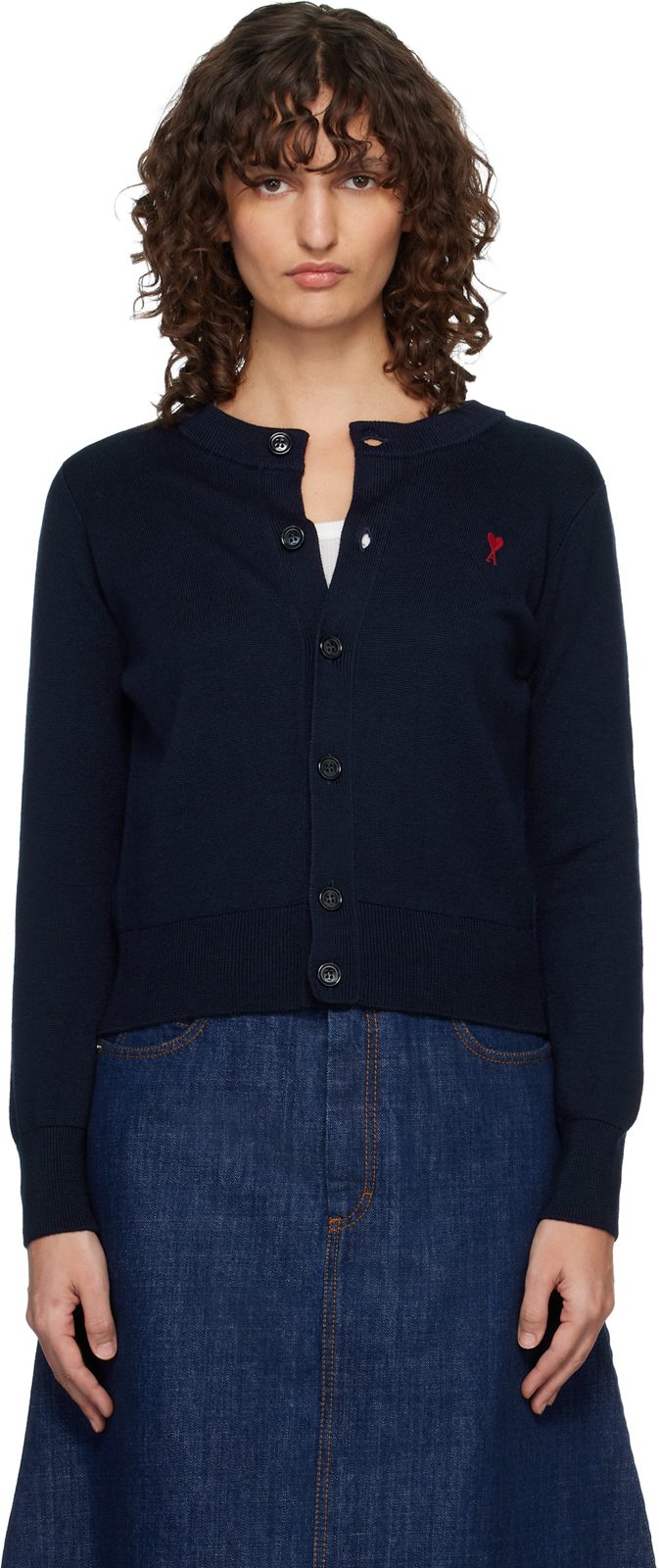 Navy Wool Crewneck Ami de Coeur Cardigan 261482F095011