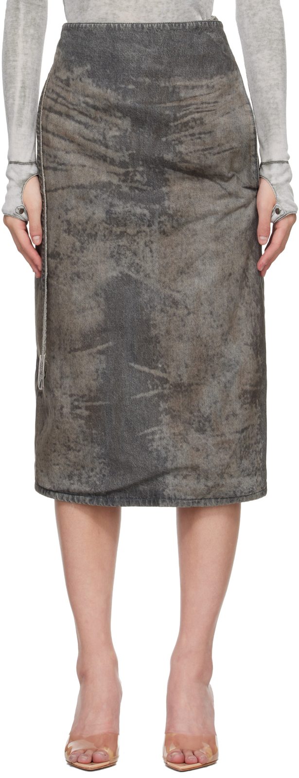 Gray Cotton-Hemp Satin Denim Midi Skirt 261001F092003