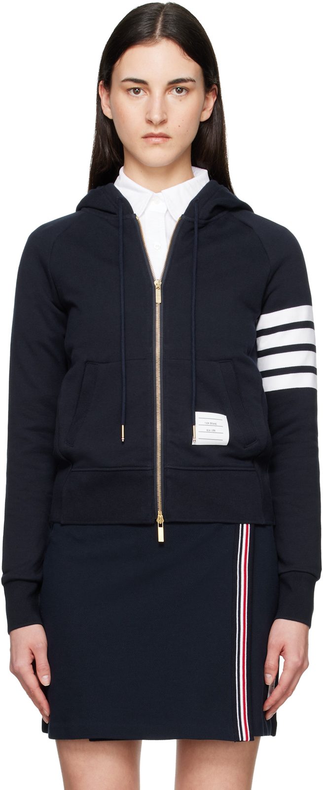 Navy Classic Loopback 4-Bar Zip Hoodie 262381F097000