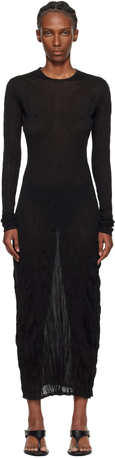 TOTEME Black Crinkled Knit Long-Sleeve Midi Dress 261771F054010