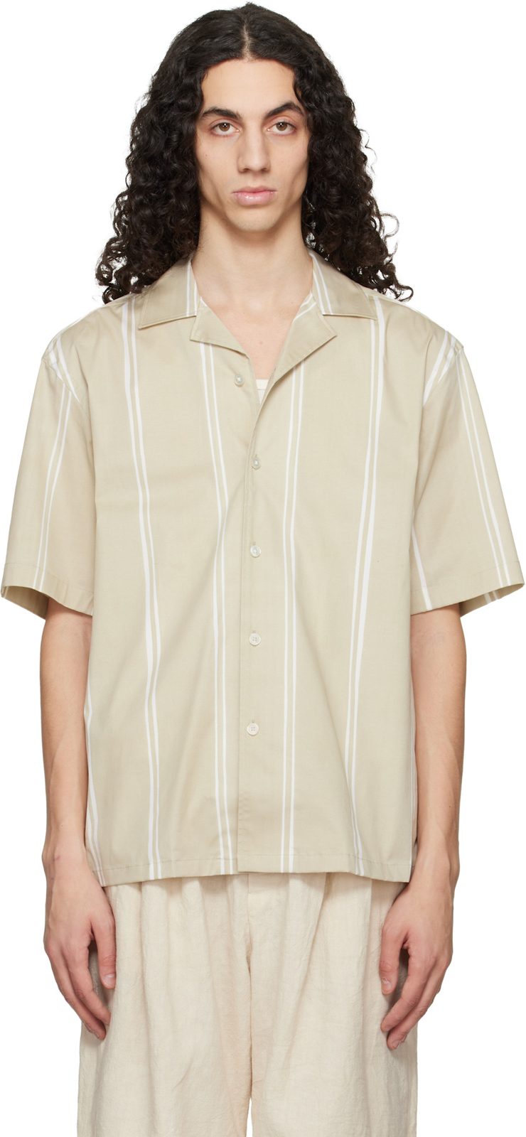 Beige Striped Relaxed-Fit Stretch Cotton Shirt 261085M192062