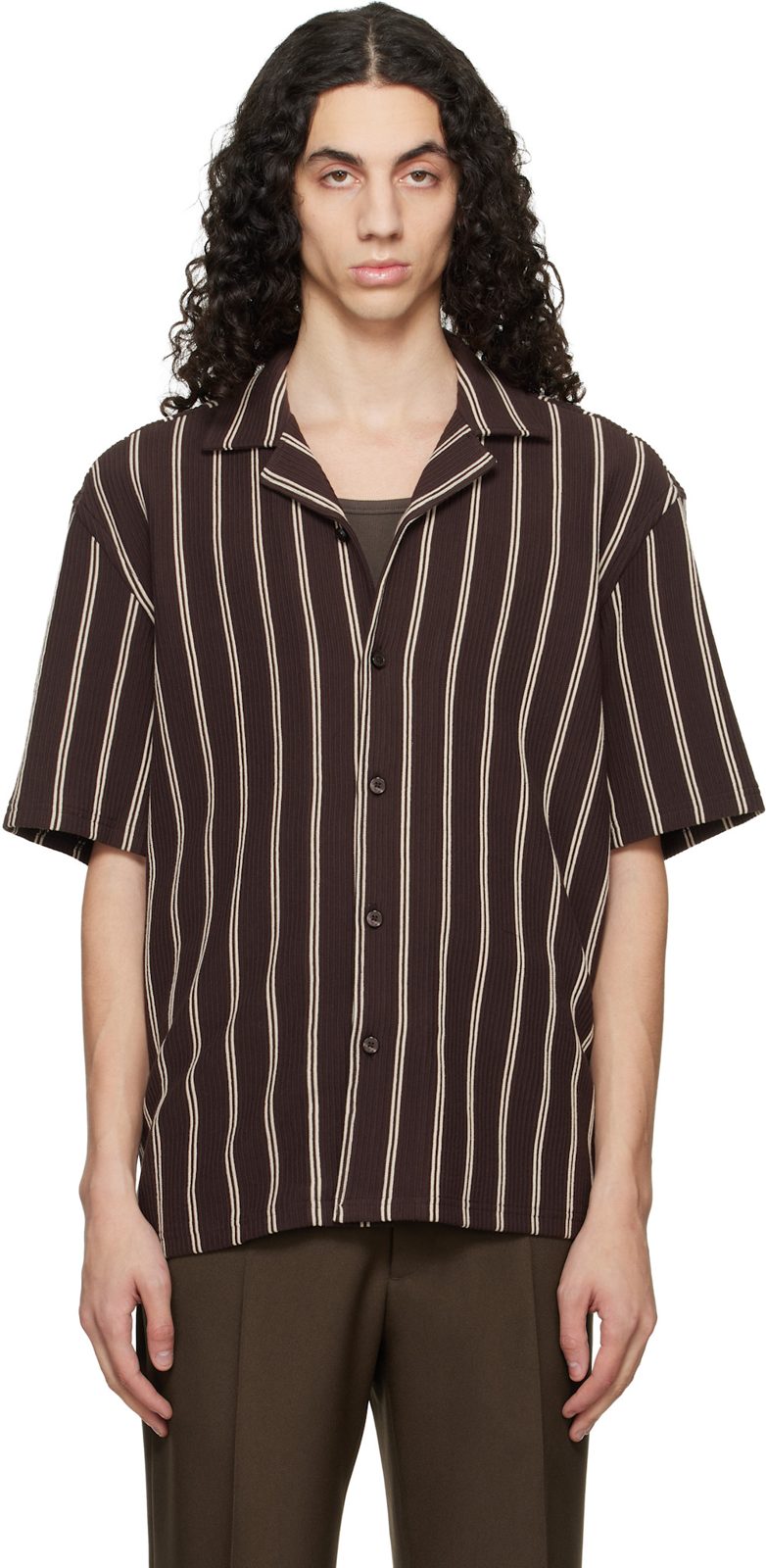 Brown Striped Relaxed-Fit Stretch Cotton Shirt 261085M192054