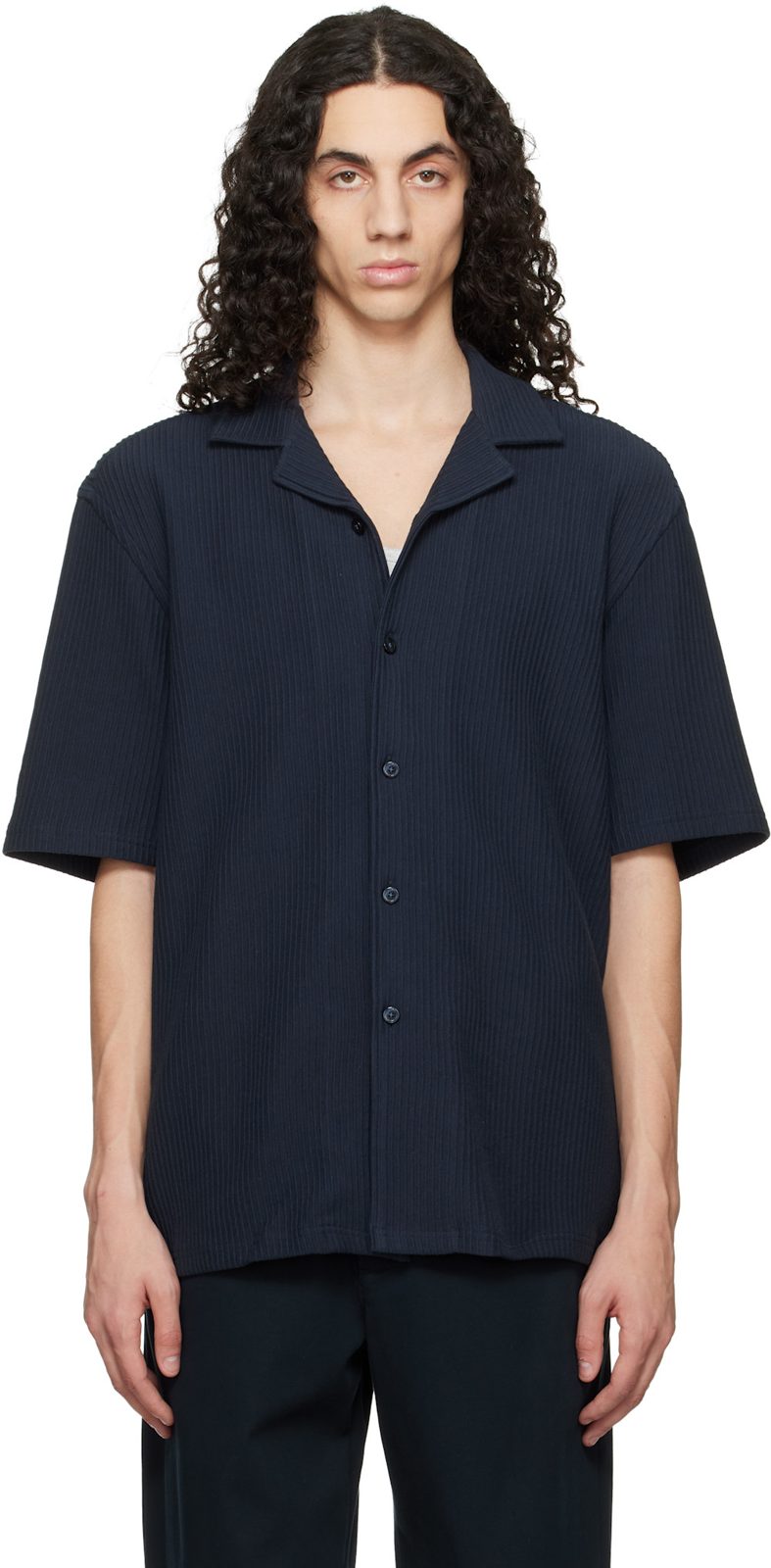 Navy Ribbed Cotton Shirt 261085M192052