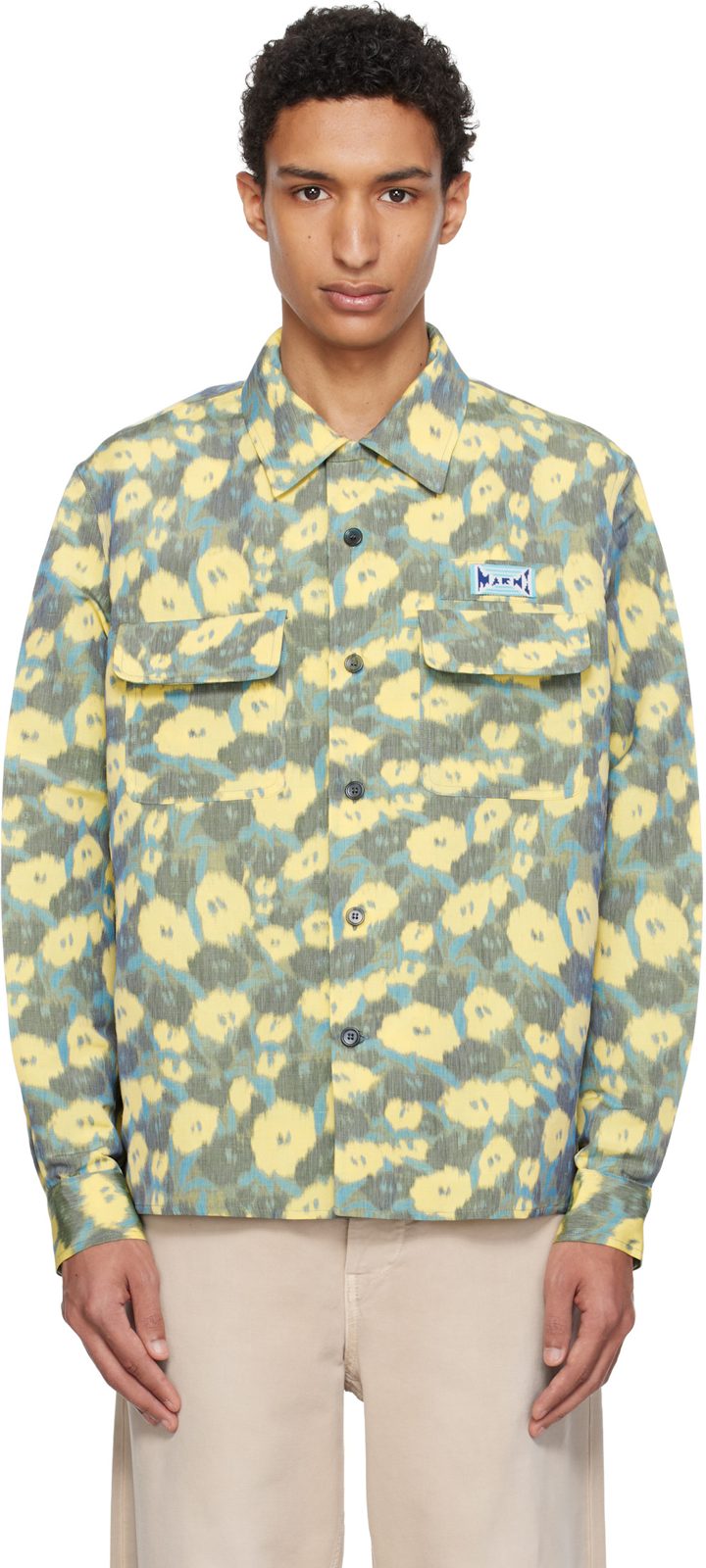 Marni Green & Yellow Linen Blend Blurry Floral Print Shirt 261379M192035