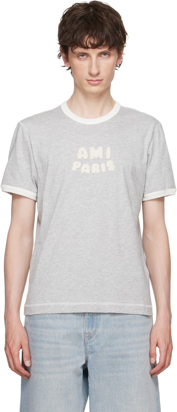 Gray Cotton [아미 파리] Knitted Patch T-shirt 261482M213022