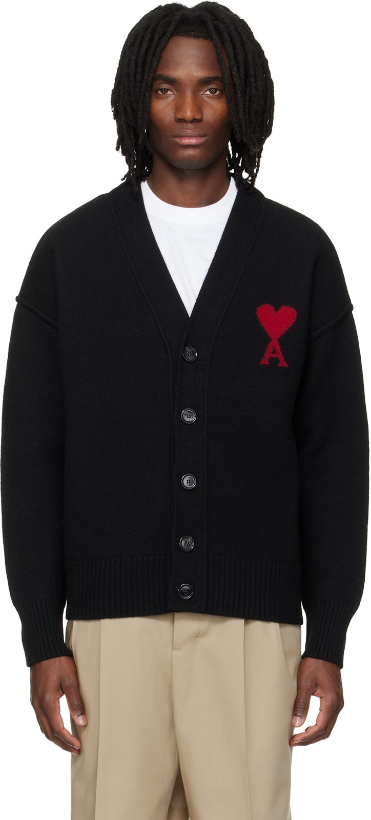Black Wool Contrasted Ami de Coeur Cardigan 261482M200010