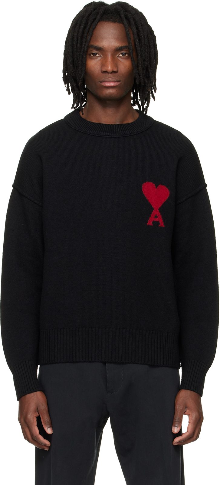 Black Wool Contrasted Ami de Coeur Crewneck Sweater 261482M201011