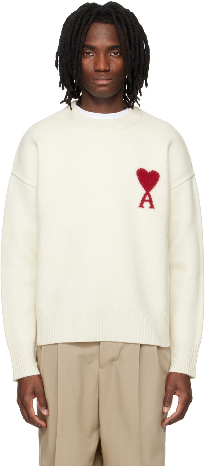 오프화이트 Wool Contrasted Ami de Coeur Crewneck Sweater 261482M201009