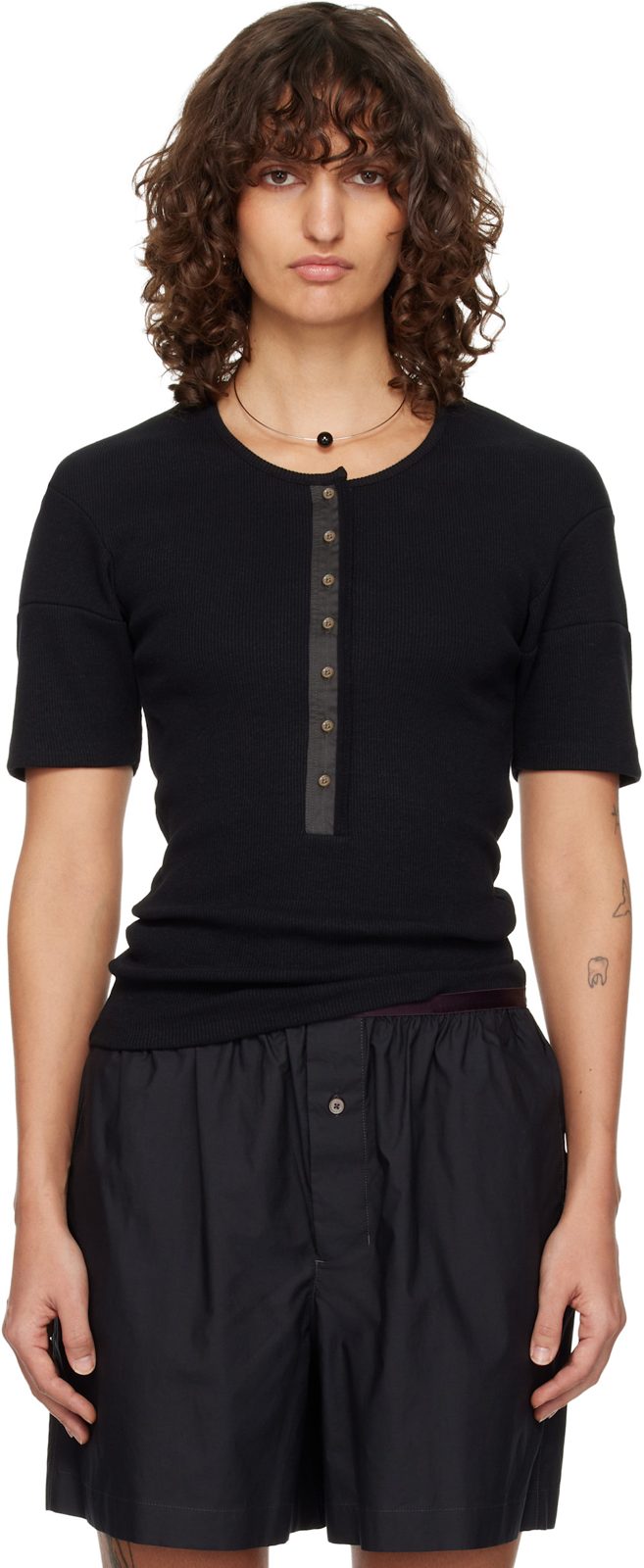 Black Fitted Jersey Henley 261646F110008