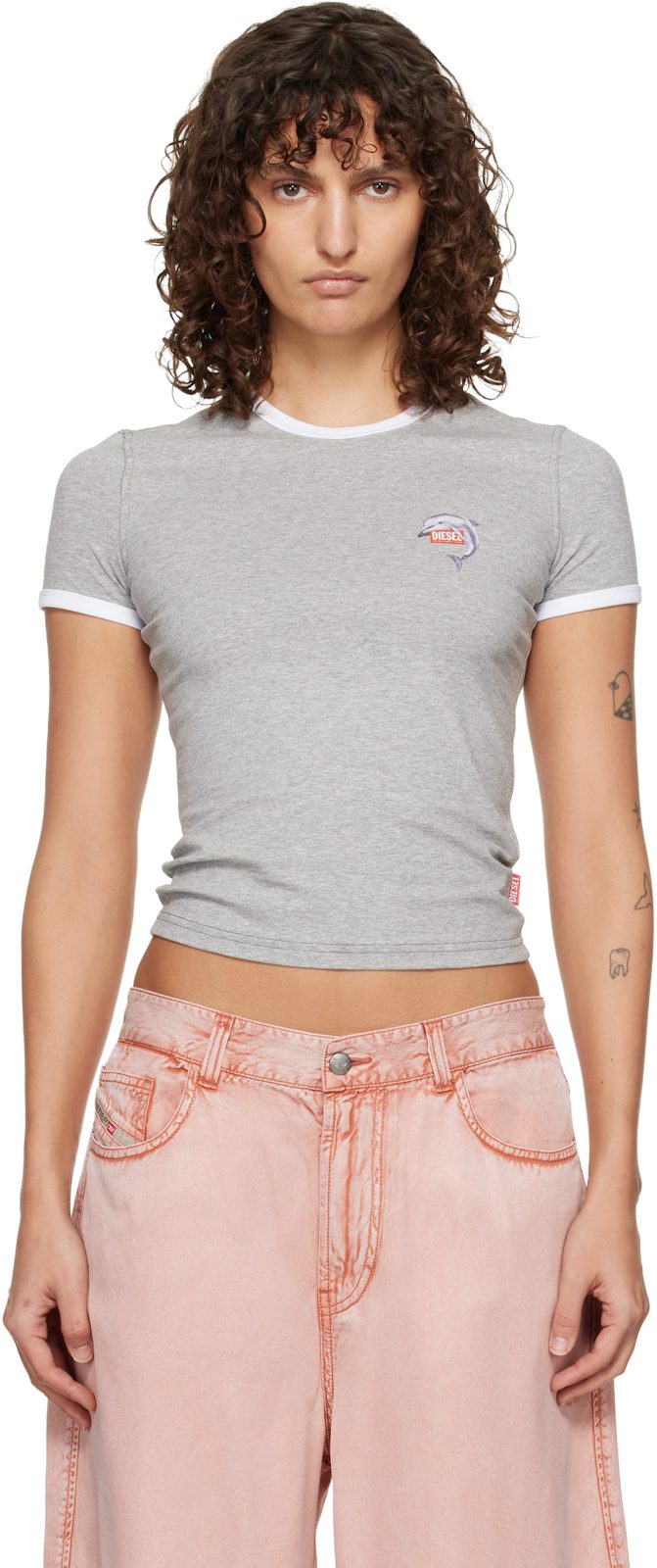 Gray Slim Dolphin Print T-shirt 261001F110002