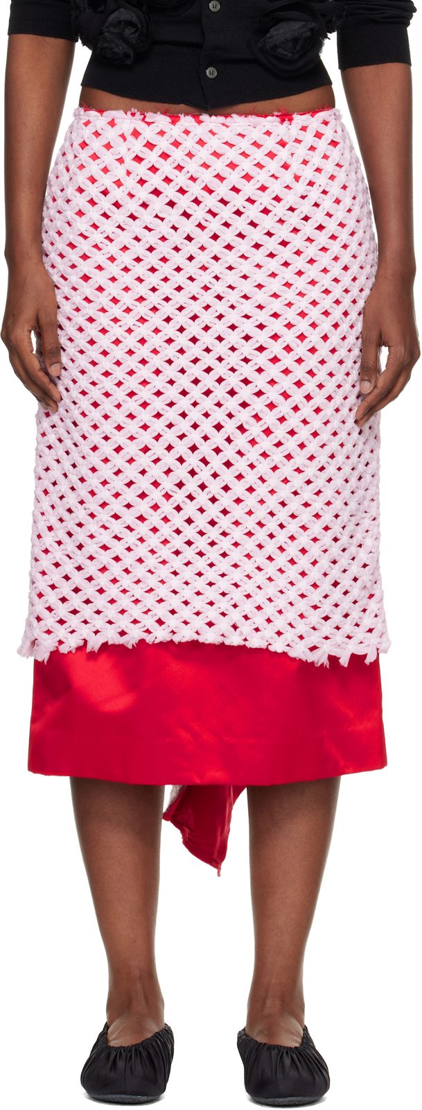 Comme des Garcons Red & Pink Tulle Braided Mesh Midi Skirt 261245F092002