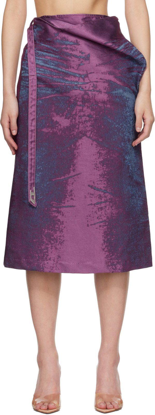 Purple Satin Denim Midi Skirt 261001F092005