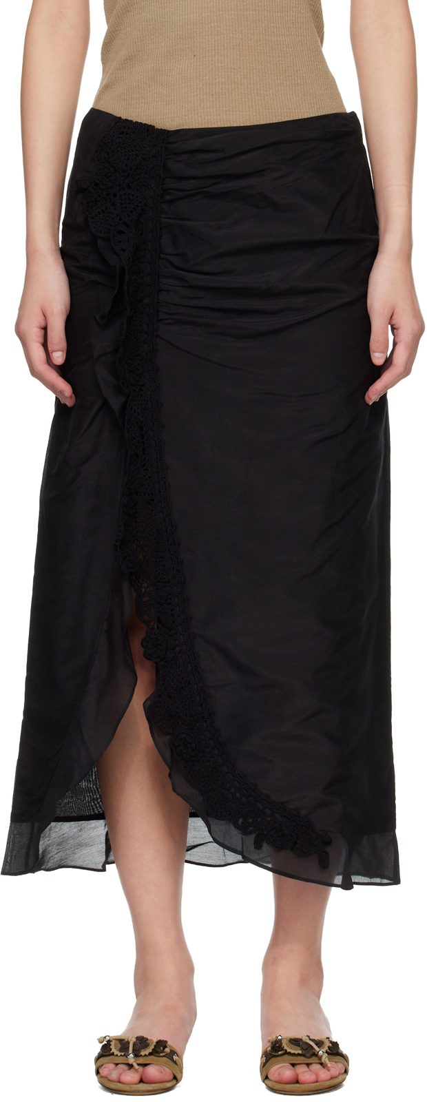 Black Velina Crochet Cotton Silk Midi Skirt 261600F092000