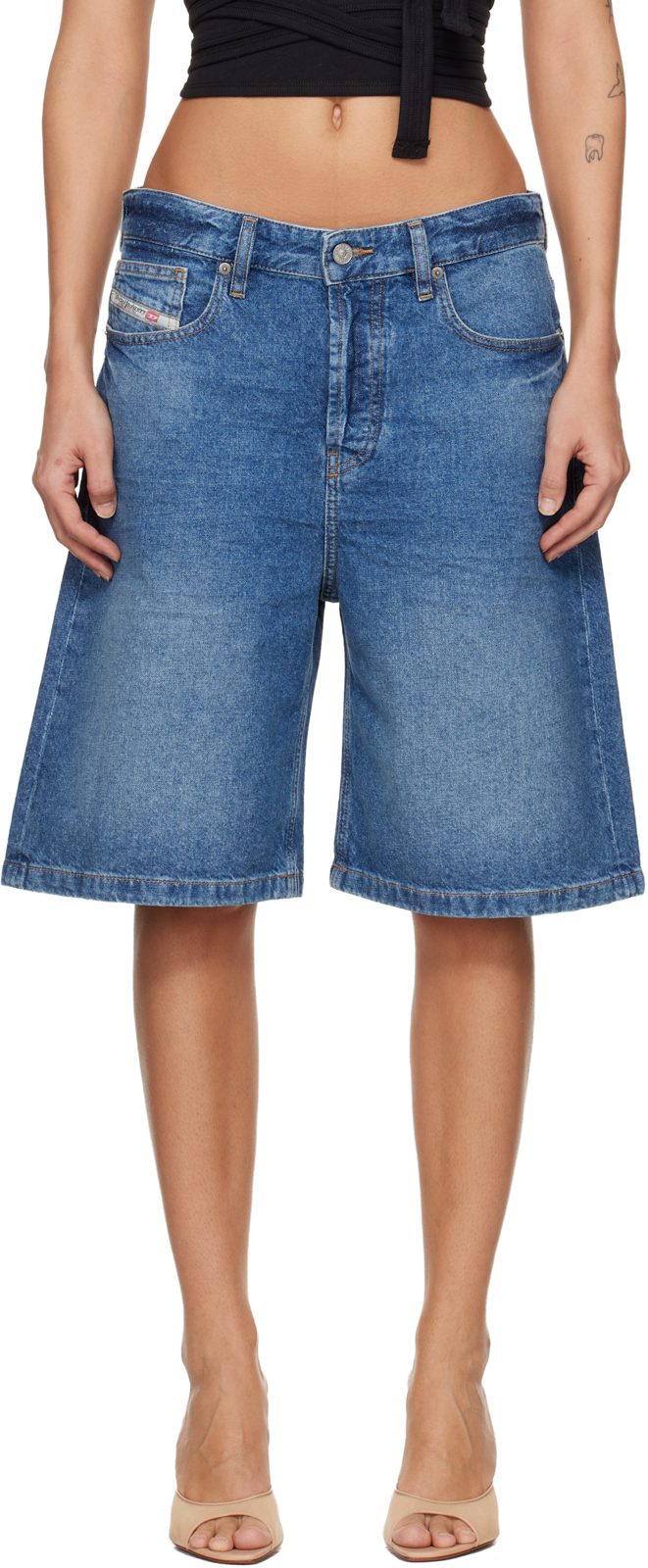 Blue Clean-Washed Denim Shorts 261001F088003