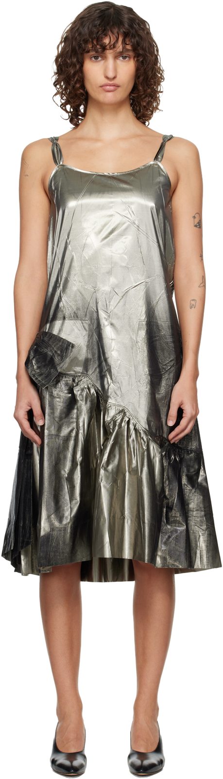 Gold & Black Crinkled Midi Dress 261168F054002