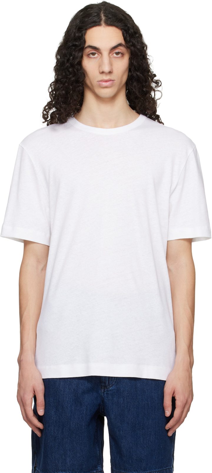 White Cotton-Linen Regular Fit T-shirt 261085M213044