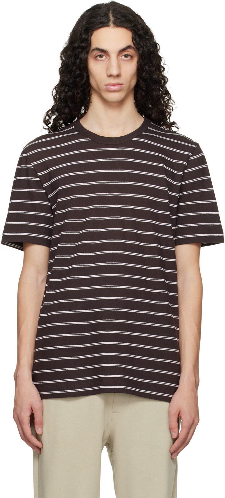 Brown Cotton-Linen Regular Fit T-shirt 261085M213043