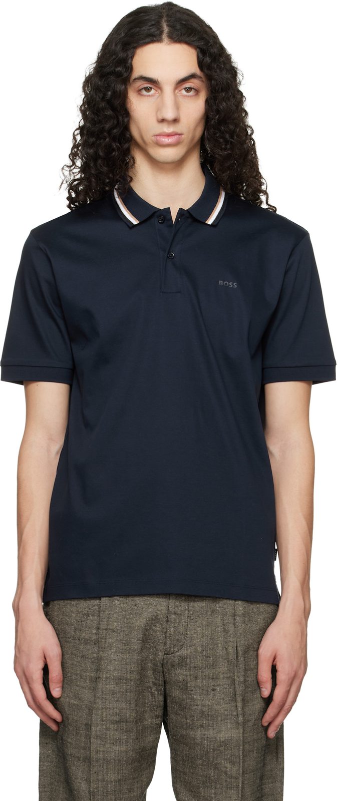 Navy Striped-Collar Slim-Fit Cotton Logo Polo 261085M212090