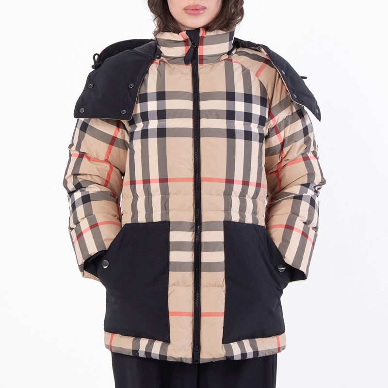 Checked Hooded Puffer Jacket_Archive Beige Ip Chk