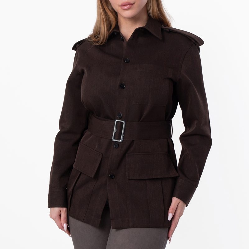 Belted Button-Up Overshirt_Brown Black