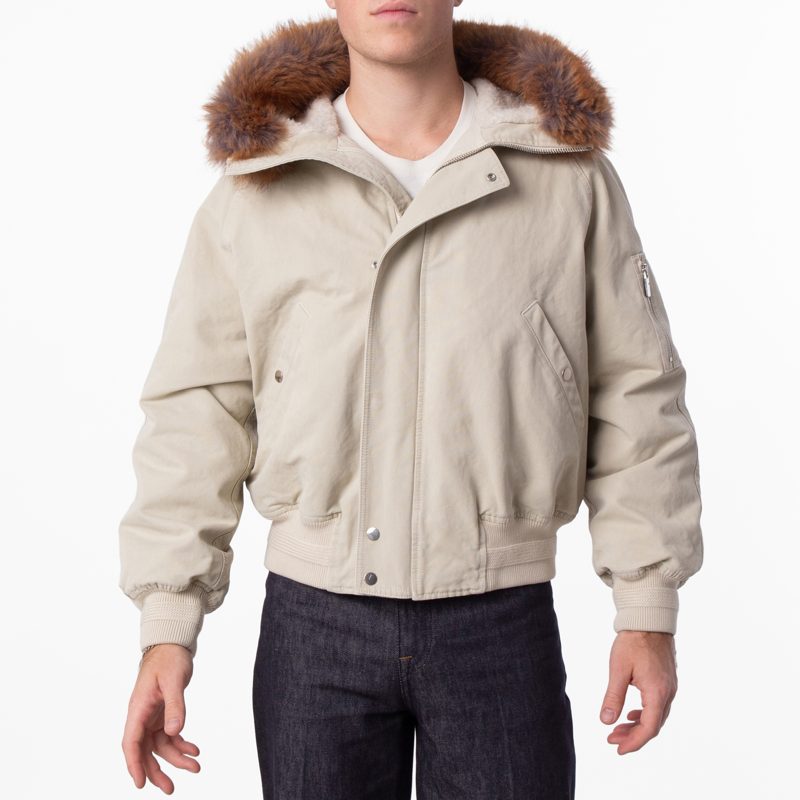 Natural Faux Fur Trim Cotton Bomber Jacket_Plaster