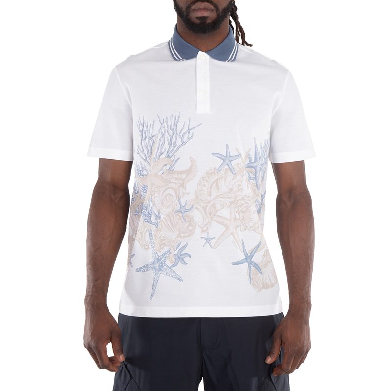 Starfish Print Cotton Polo Shirt_White/Print