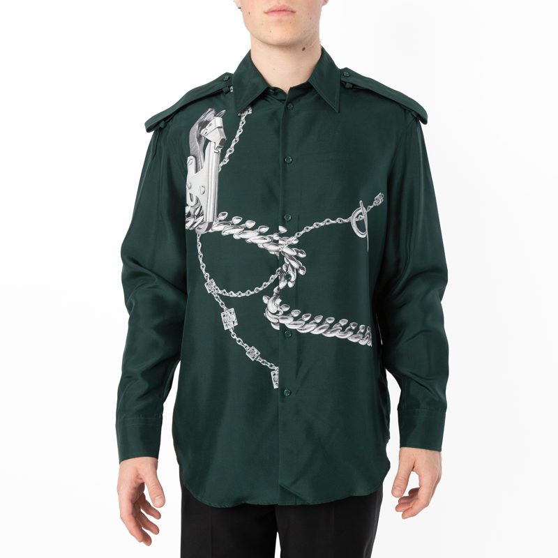 Knight Hardware Print Silk Shirt_Silver / Green