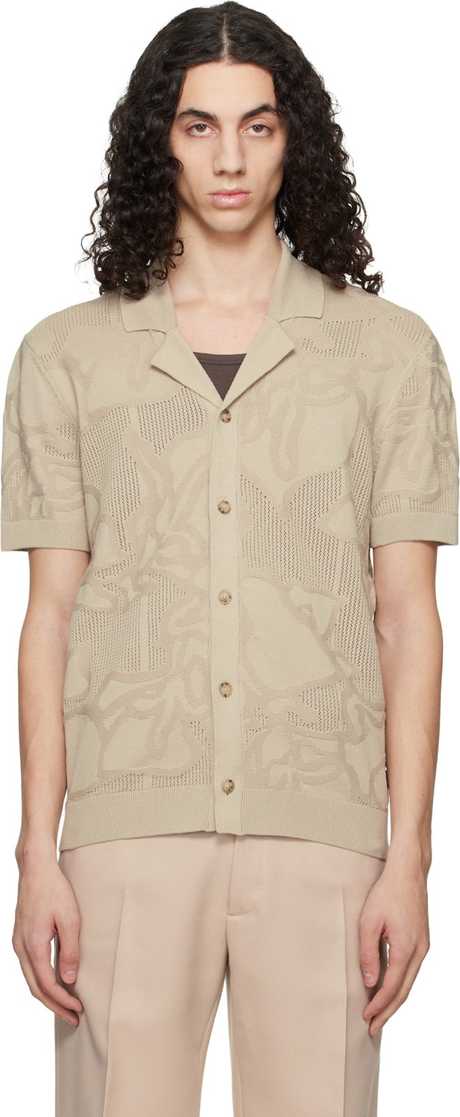 Beige Knit Cotton Jacquard Shirt 261085M192071