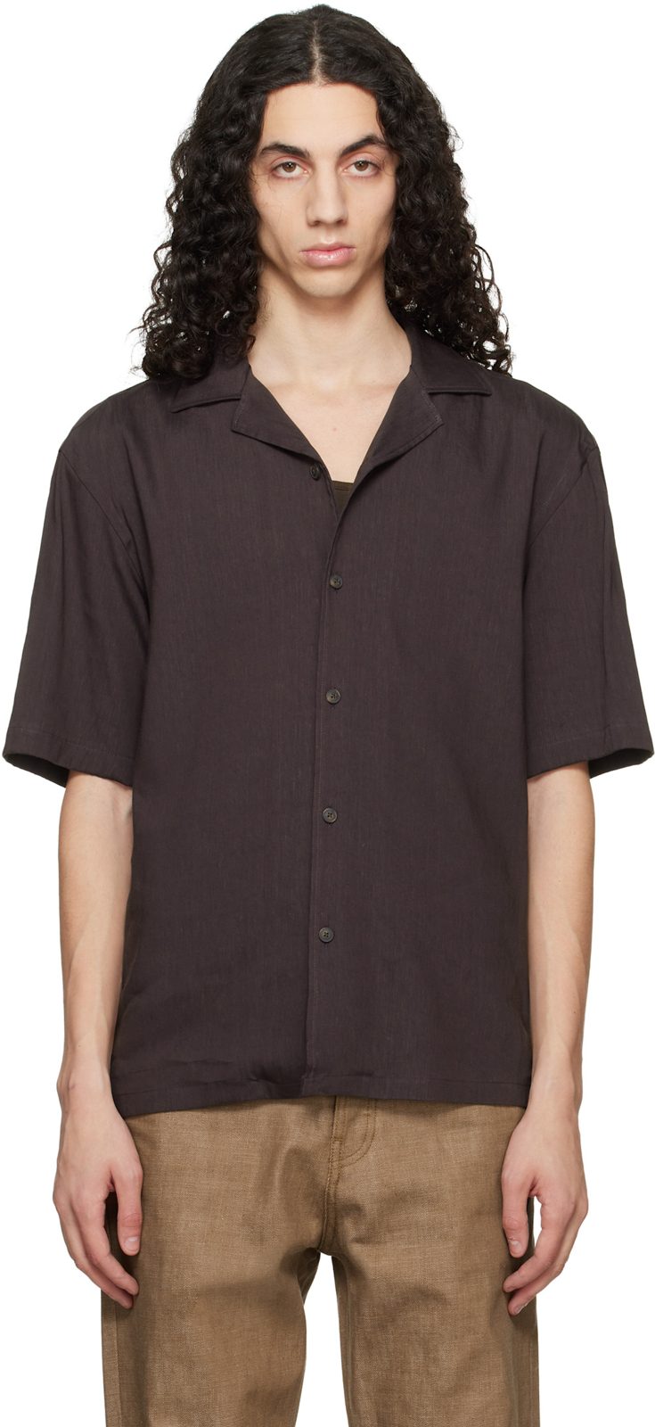 Brown Short-Sleeve Linen Shirt 261085M192051