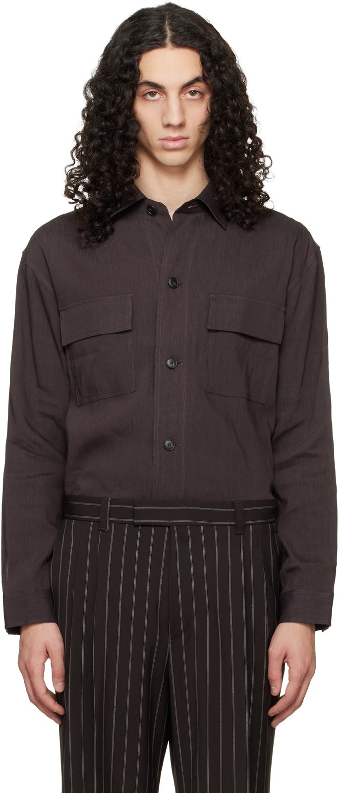 Brown Flap Pocket Linen Shirt 261085M192060