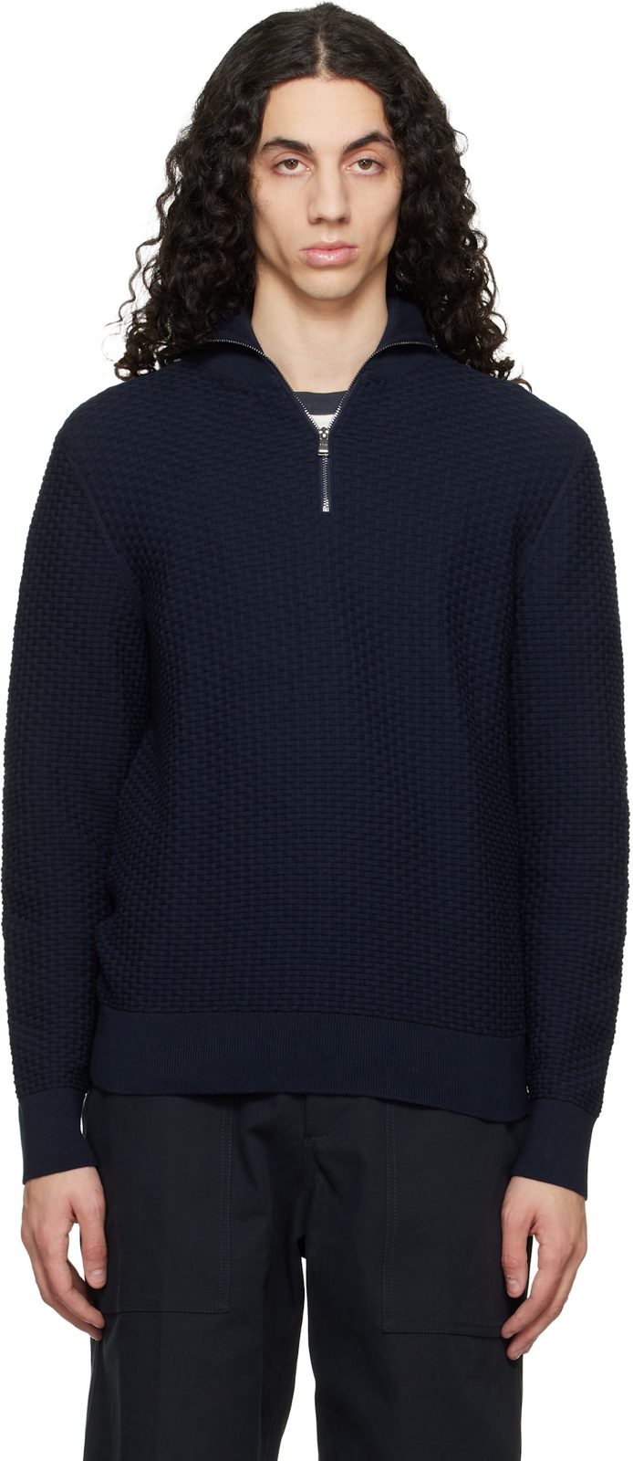 Navy Quarter-Zip Cotton Track Jacket 261085M202033
