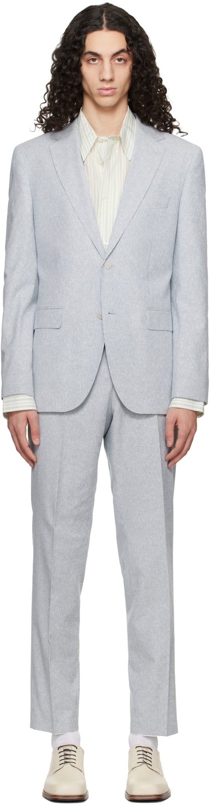 Blue Two-Piece Regular-Fit Stretch Boucle Suit 261085M196018
