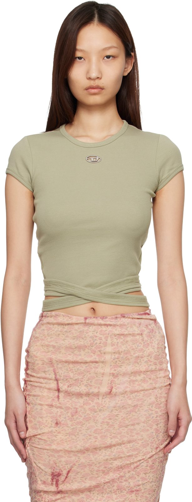 Beige Ribbed Wrap-Around Laces T-shirt 261001F110006