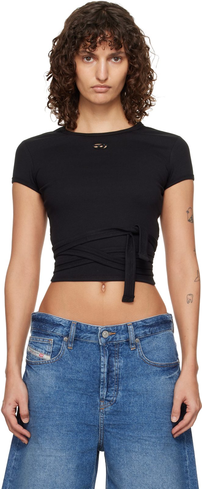 Black Wrap-Around Ribbed T-shirt 261001F110004