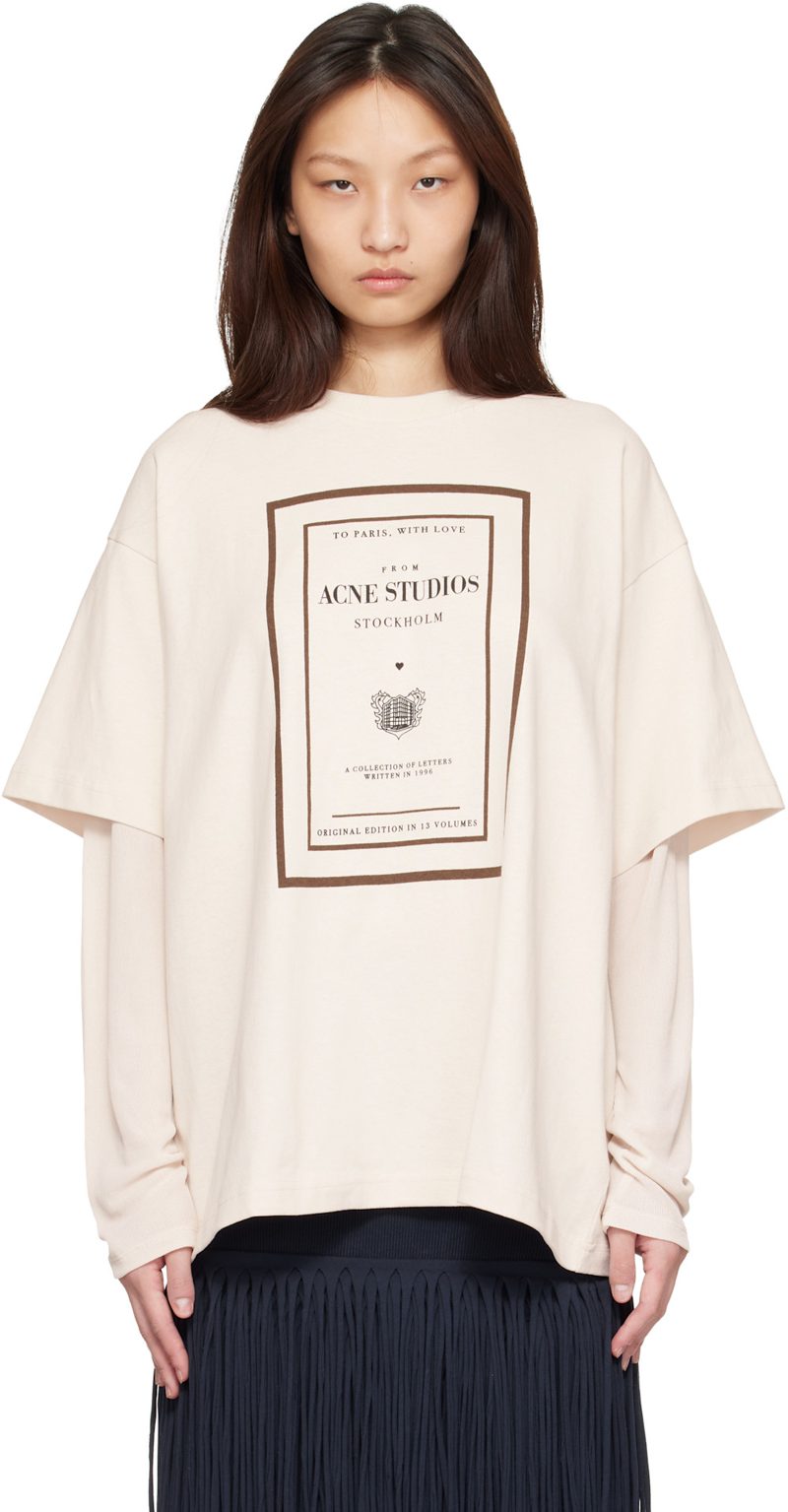 Beige Layered Graphic T-shirt 262129F110008