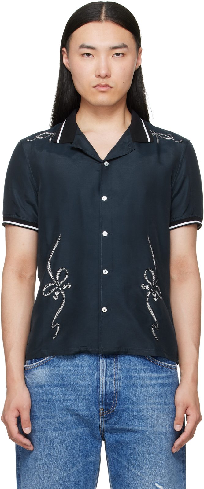 Navy Embroidered Button-Up Shirt 261129M192015