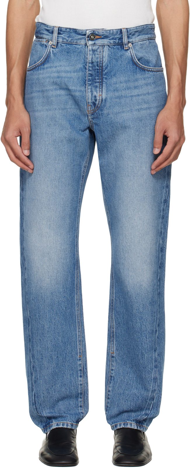 Blue Couture Seam Straight Fit Shadow Washed Jeans 261278M186003